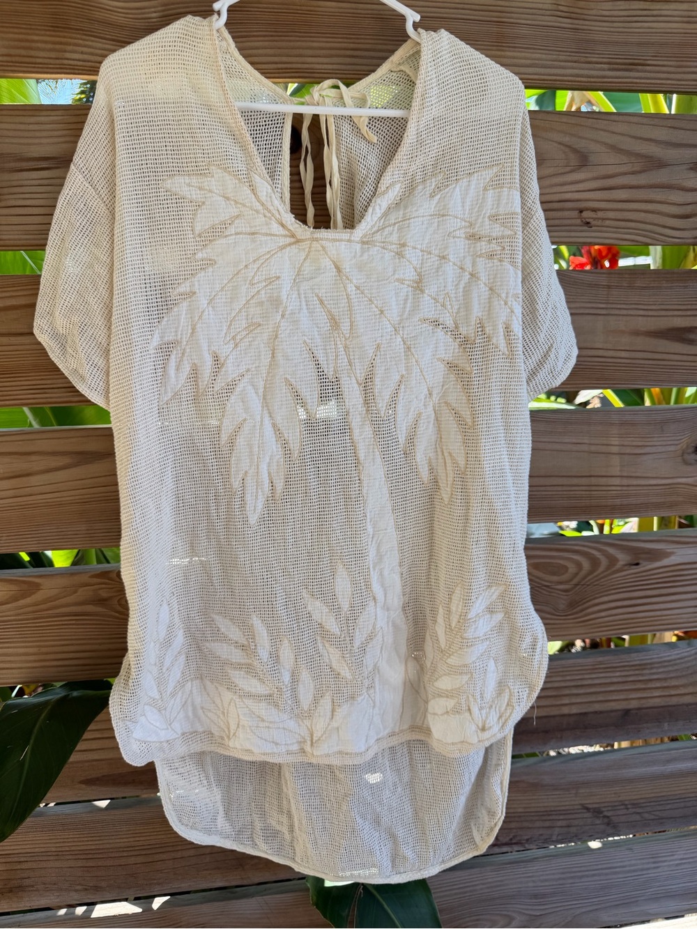Cream Crochet Palm Tunic Swim Cover-Up with Tie Back